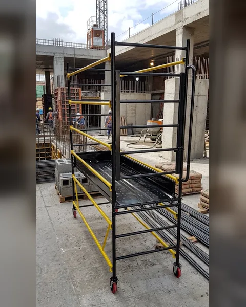 andaime preto e amarelo com plataforma metálica de trabalho e rodízios vermelhos, montado numa obra com prédio em construção ao fundo