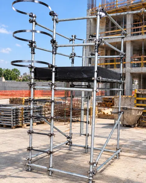 torre de andaime tubo roll galvanizada com arcos de proteção, numa obra