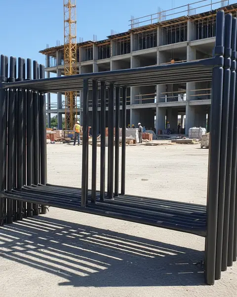 pilha de painéis de andaime tubular pretos numa obra