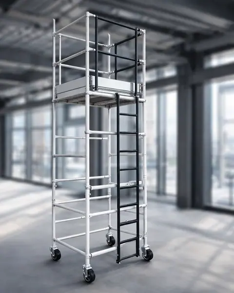 torre de andaime tubular branca com rodízios, dentro de um salão vazio