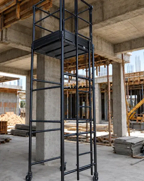 torre de andaime tubular preta com rodízios, montada junto a um pilar de concreto numa obra