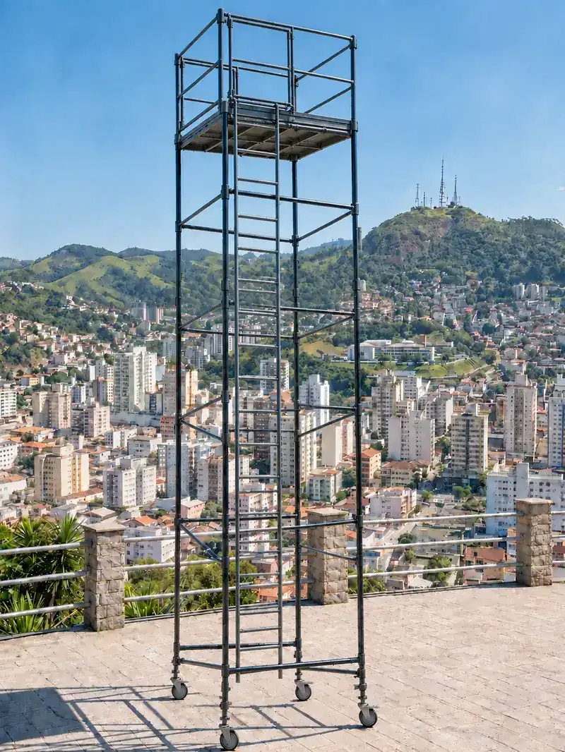Torre de andaime tubular de 8 m com rodízios, montada num mirante com a cidade e as montanhas ao fundo