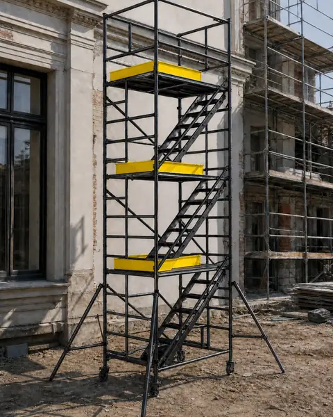 torre de andaime preta com escada interna e pisos amarelos, ao lado de um prédio antigo