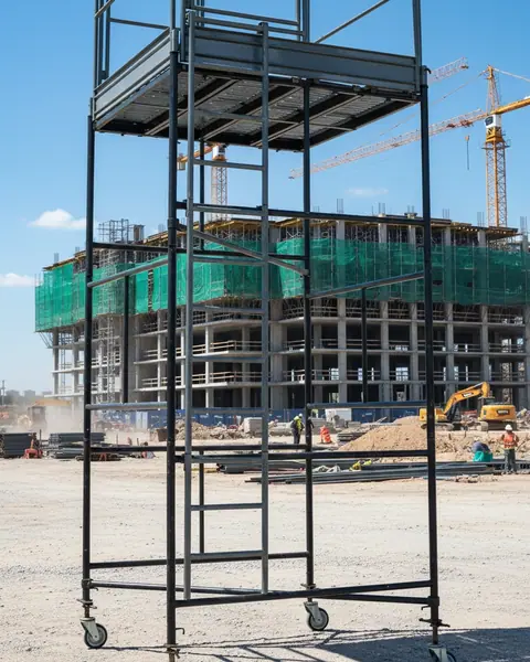 torre de andaime tubular preta com rodízios e guarda-corpo, num terreno de obra com prédios ao fundo